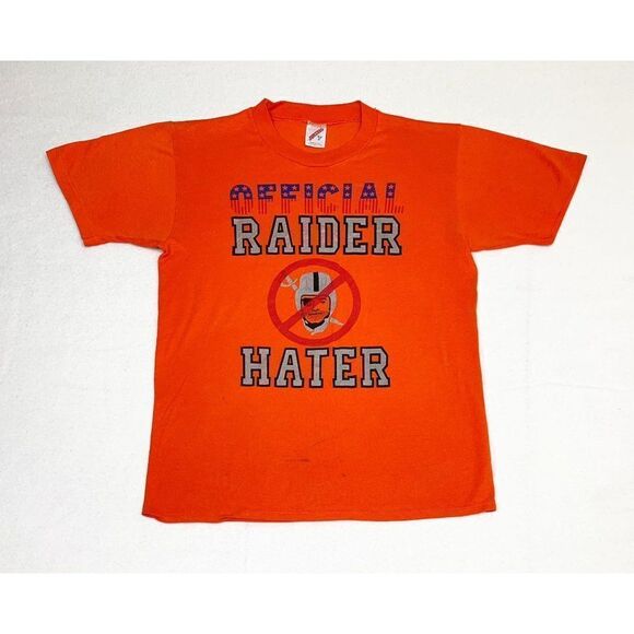 Vintage 80s NFL Broncos Raiders T-Shirt Orange Medium Single Stitch - Picture 1 of 8